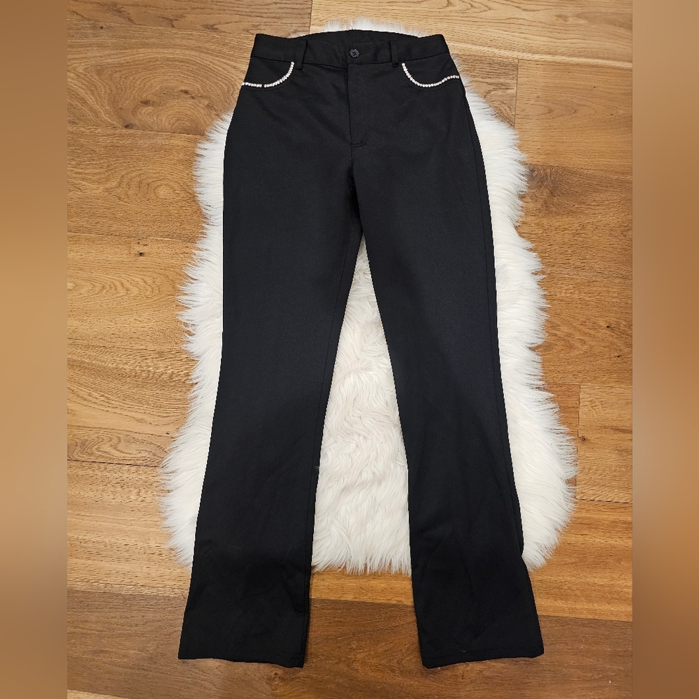 Vintage Black Straight-Leg Pants with Rhinestone Trim
